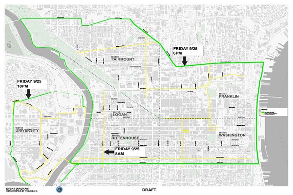 Map of Philadelphia for Street and Bridge Closures for Popes Visit to Philadelphia