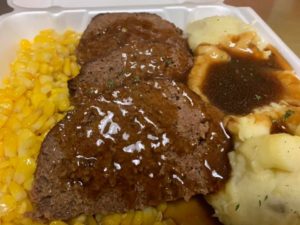 Curly's Meatloaf with gravy, corn & mashed potatoes